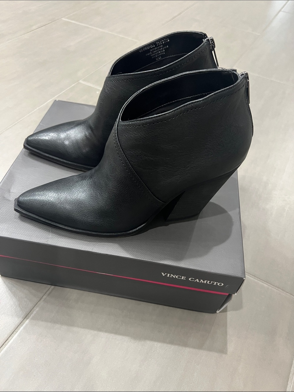 Vince Camuto Black Pointed Leather Ankle Booties with Stacked Heel